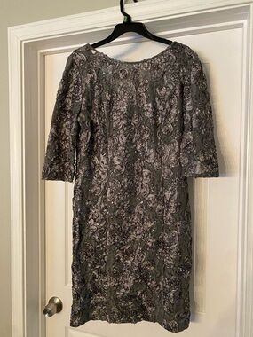 Alex Evenings Silver Gray Embellished Lace Midi Dress